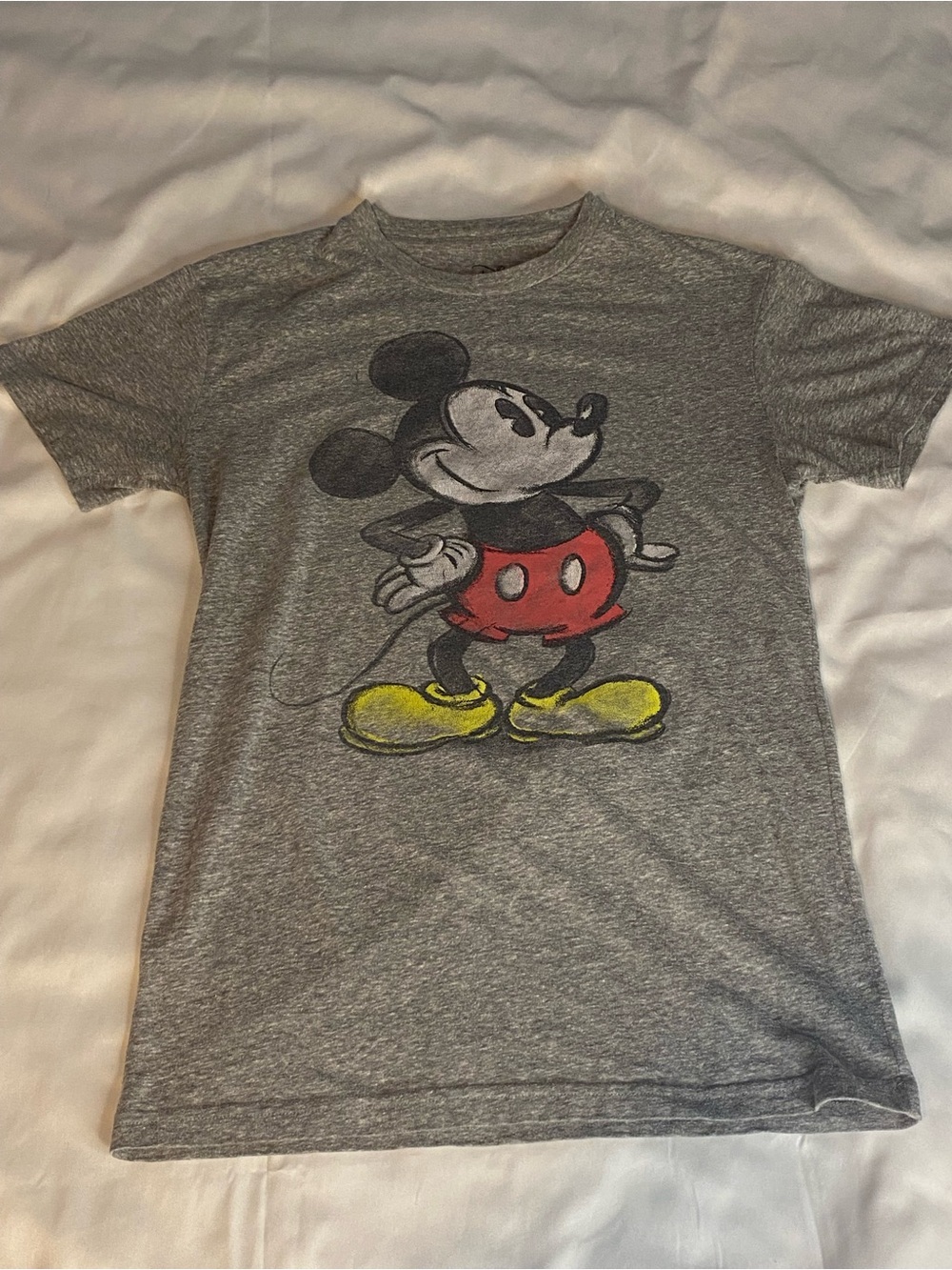 Disney Gray Mickey Mouse Graphic Tee with Red and Yellow Accents
